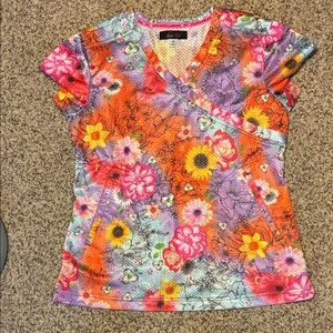 Koi lite Multicolor Floral V-Neck  Scrub Top Used Sz medium